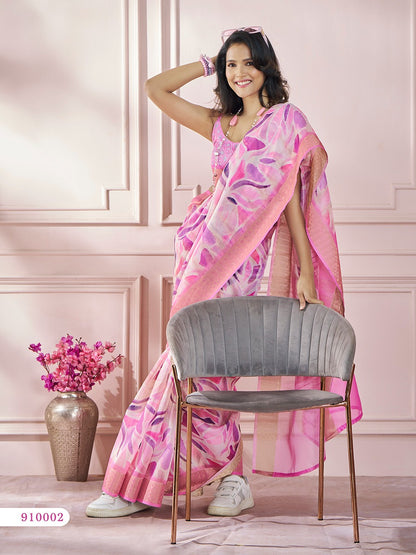 Pink Color Printed Soft Silk Readymade/Easy Saree