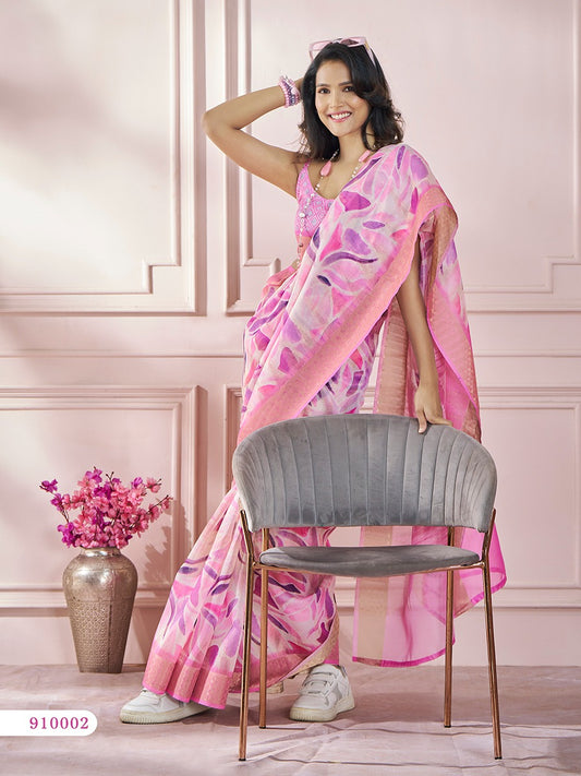 Pink Color Printed Silk Readymade/Easy Saree