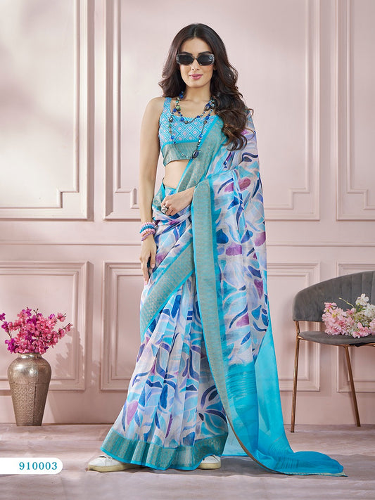 Blue Color Printed Soft Silk Readymade/Easy Saree