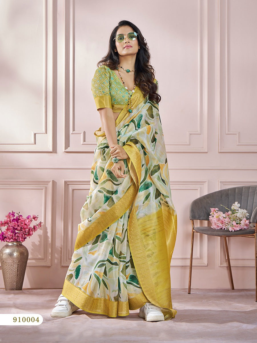 Light Green Color Printed Soft Silk Readymade/Easy Saree