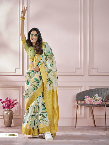 Light Green Color Printed Silk Readymade/Easy Saree