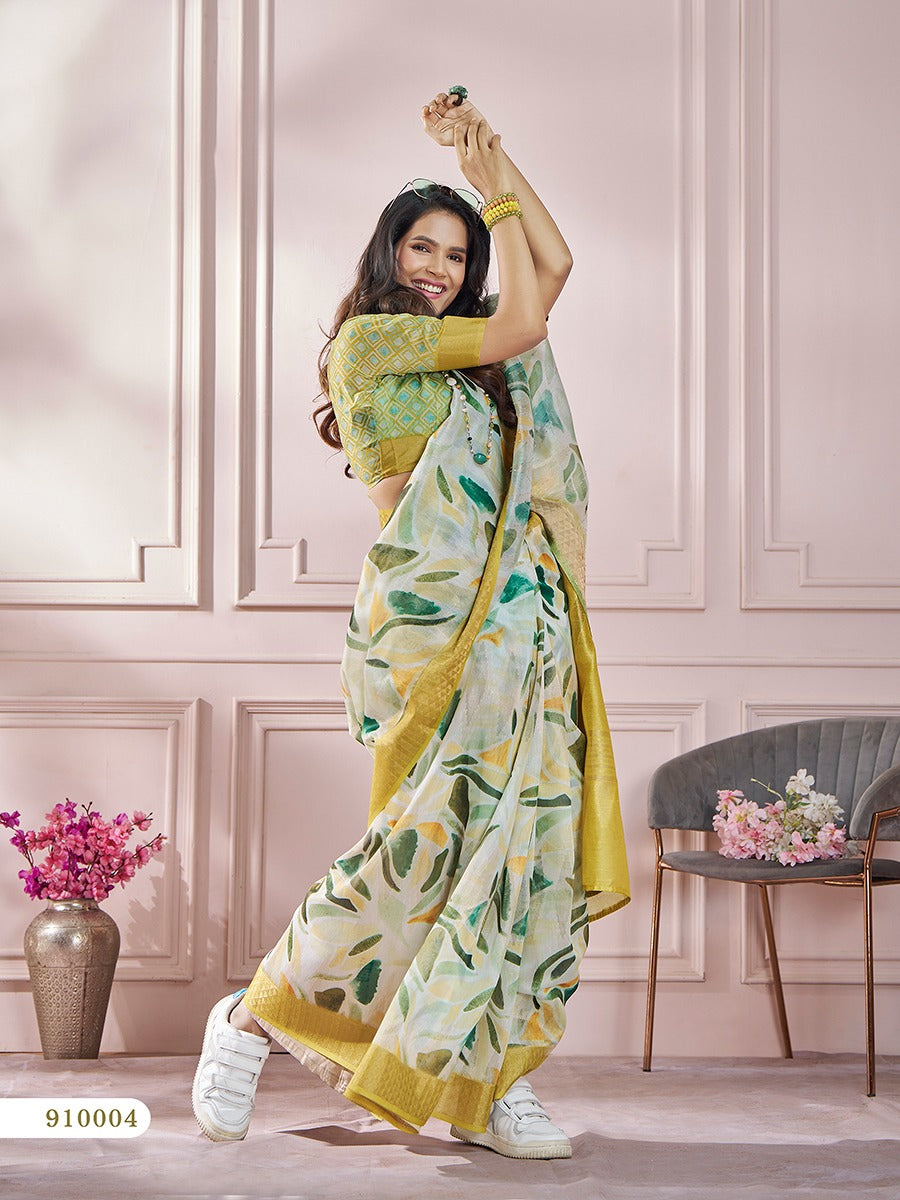 Light Green Color Printed Silk Readymade/Easy Saree