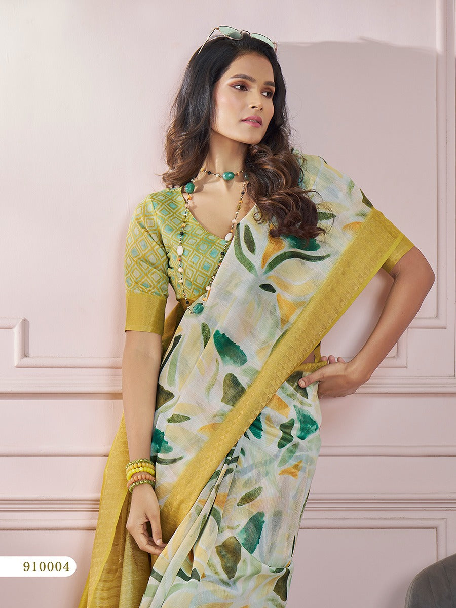 Light Green Color Printed Soft Silk Readymade/Easy Saree