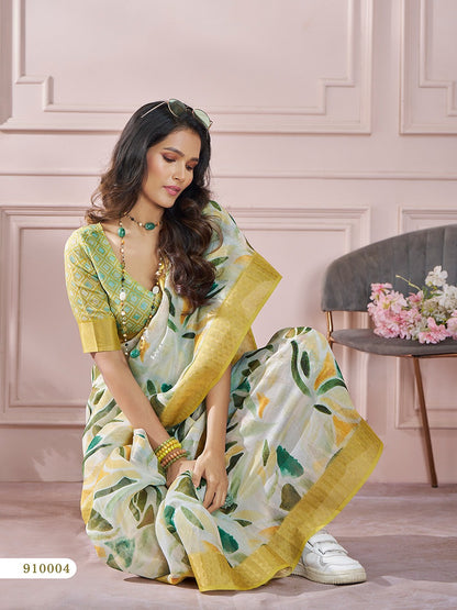 Light Green Color Printed Silk Readymade/Easy Saree