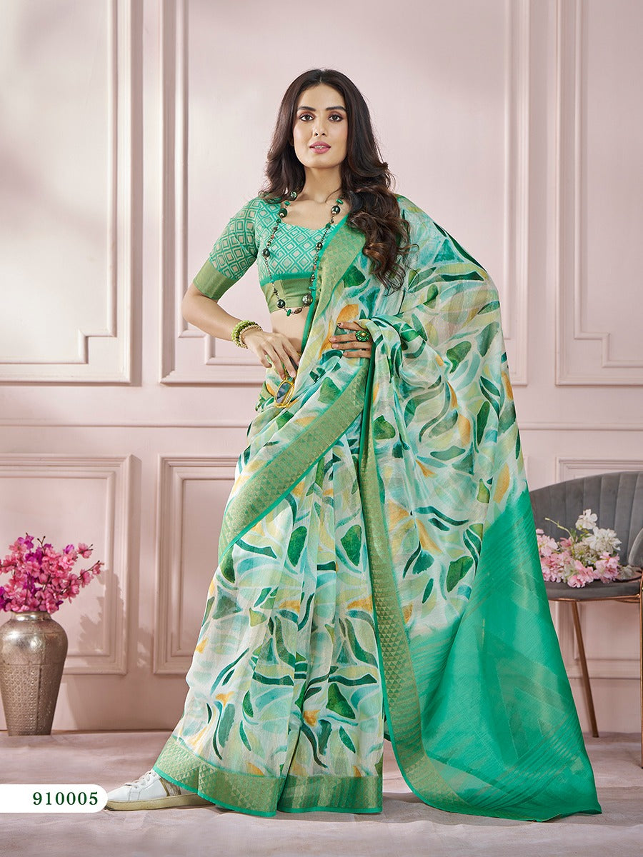 Green Color Printed Silk Readymade/Easy Saree