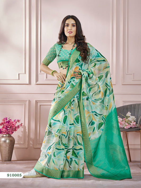 Green Color Printed Soft Silk Readymade/Easy Saree