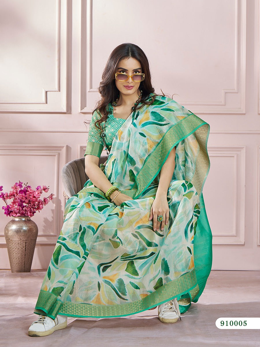 Green Color Printed Soft Silk Readymade/Easy Saree