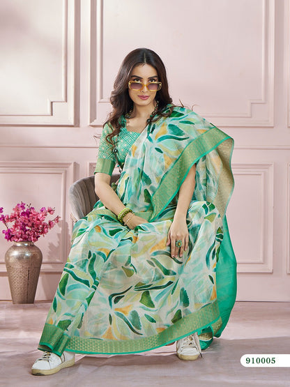 Green Color Printed Silk Readymade/Easy Saree