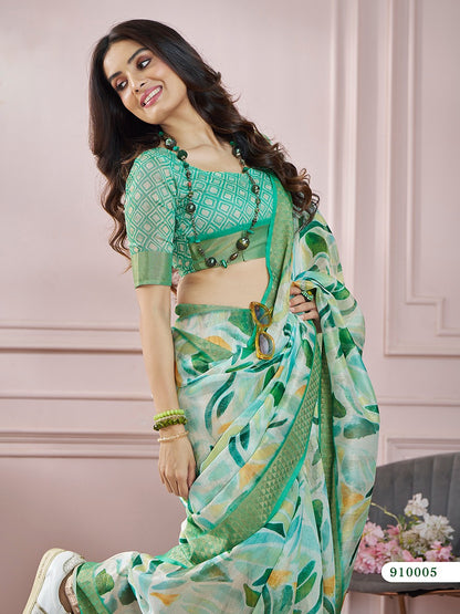 Green Color Printed Soft Silk Readymade/Easy Saree