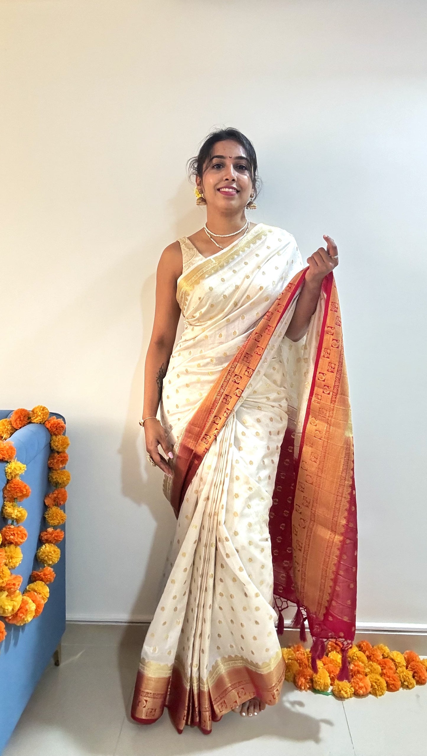 Off White Color Silk Readymade/Easy Saree