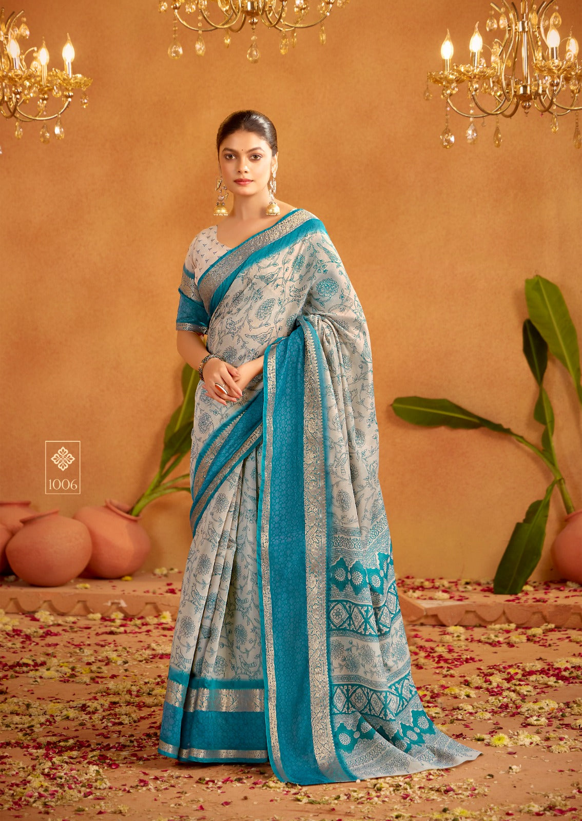 Light Blue Formal Silk Cotton Readymade/Easy Saree