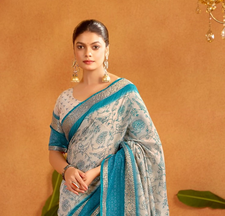 Light Blue Formal Silk Cotton Readymade/Easy Saree