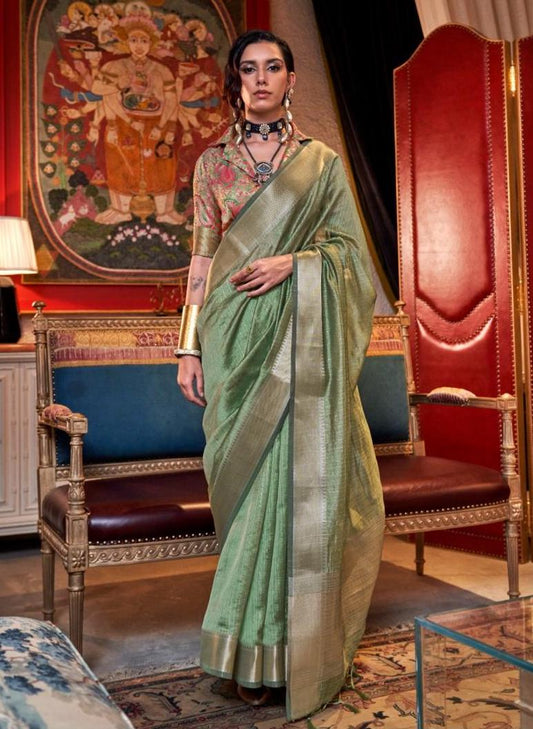 Sea Mist Color Silk Readymade/Easy Saree With Fancy Stitched Blouse