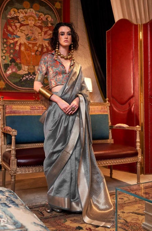 Slate Grey Color Silk Readymade/Easy Saree With Fancy Stitched Blouse