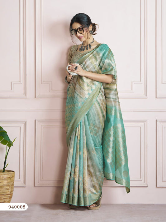 Green Color Printed Silk Readymade/Easy Saree