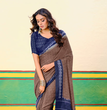 Brown Mul Mul Cotton Easy/Readymade Saree