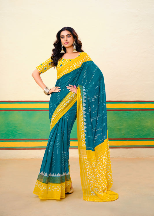 Turquoise Mul Mul Cotton Easy/Readymade Saree