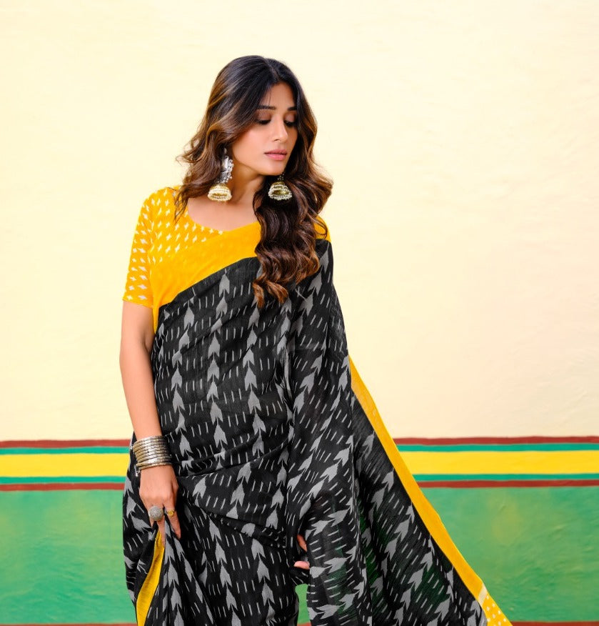 Black Mul Mul Cotton Easy/Readymade Saree