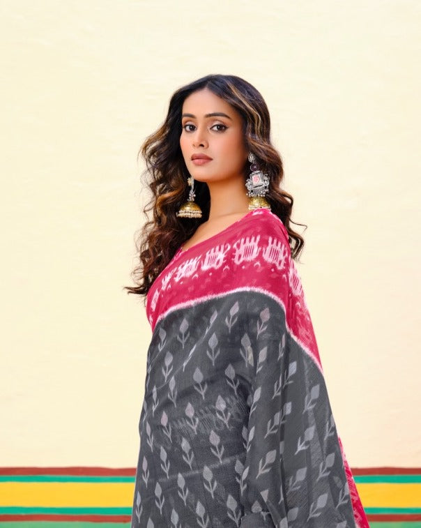 Grey Mul Mul Cotton Easy/Readymade Saree