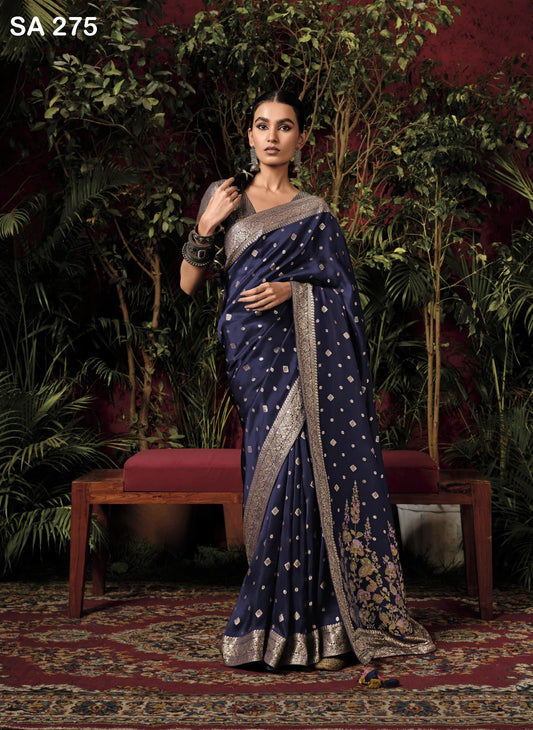 Dark Blue Color Designer Silk Readymade/Easy Saree