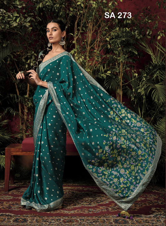 Teal Color Designer Silk Readymade/Easy Saree