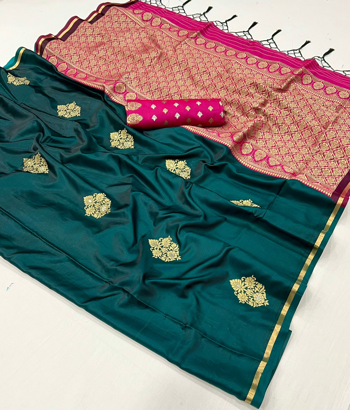 Bottle Green Color Satin Silk Readymade/Easy Saree