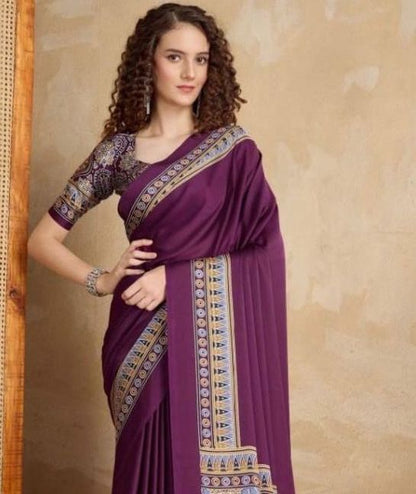 Plain Magenta Readymade Ajrakh Saree