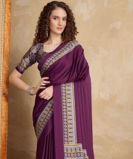 Plain Magenta Readymade Ajrakh Saree