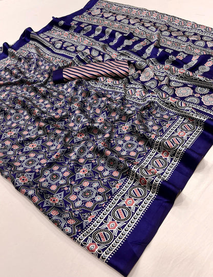 Blue Crepe Calm – Readymade Ajrakh Saree