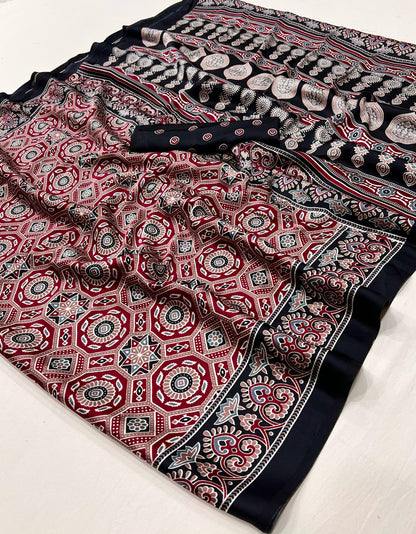 Black Crepe Calm – Readymade Ajrakh Saree