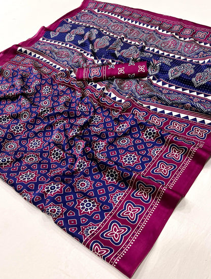 Purple Crepe Calm – Readymade Ajrakh Saree