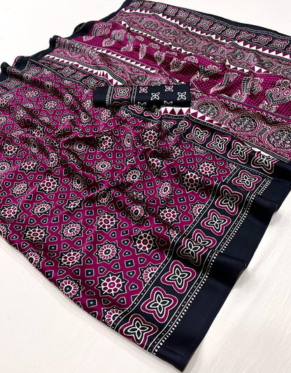 Purple & Black Crepe Calm – Readymade Ajrakh Saree
