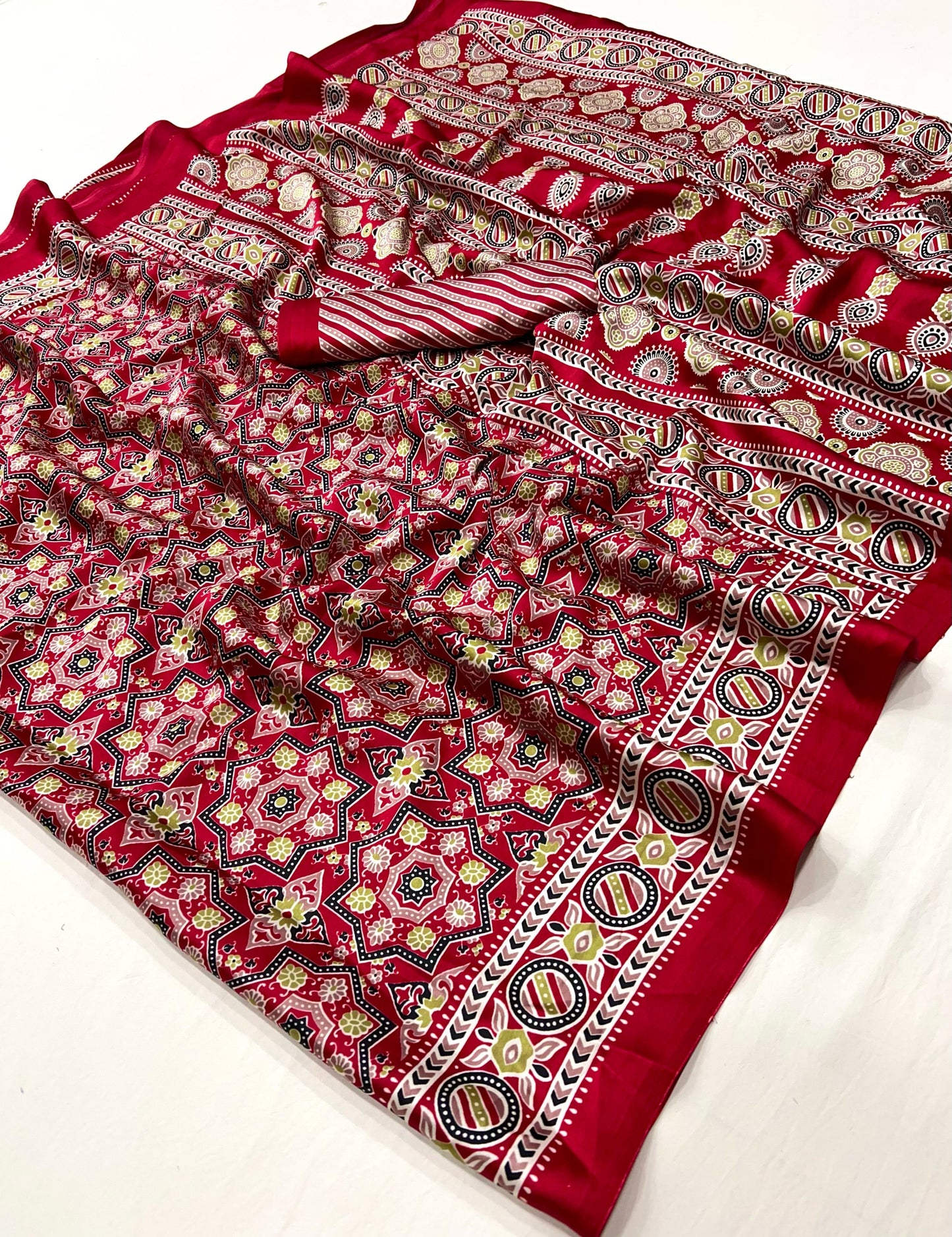 Red Crepe Calm – Readymade Ajrakh Saree