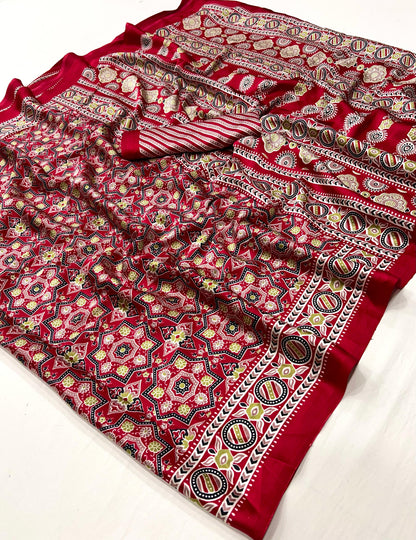 Red Crepe Calm – Readymade Ajrakh Saree