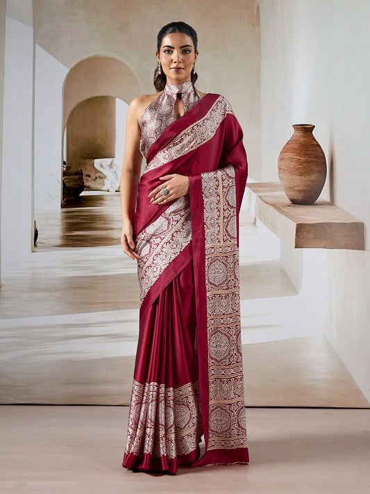 Red Crepe Silk Readymade Saree
