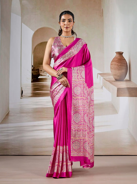 Pink Crepe Silk Readymade Saree