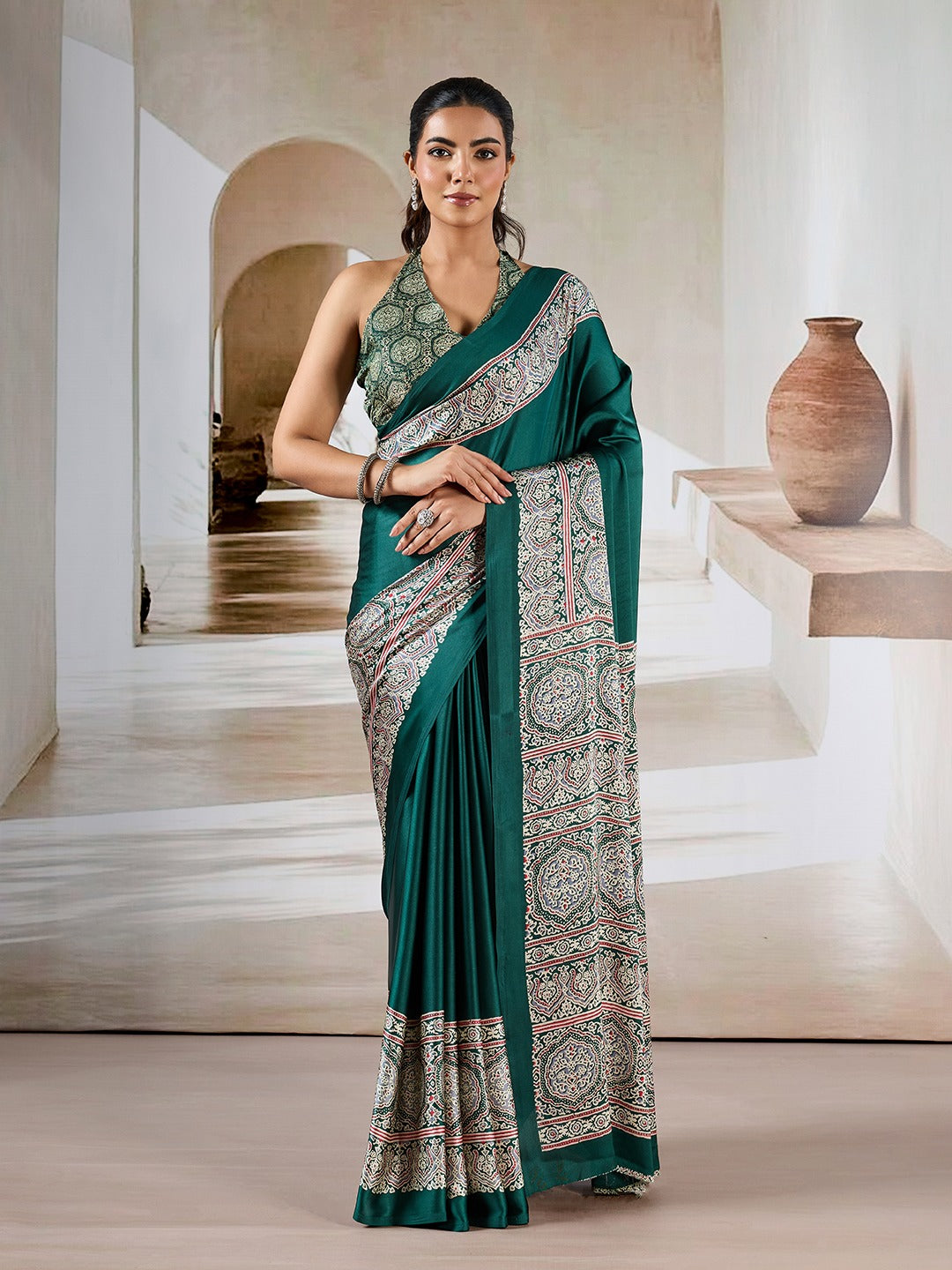 Green Crepe Silk Readymade Saree