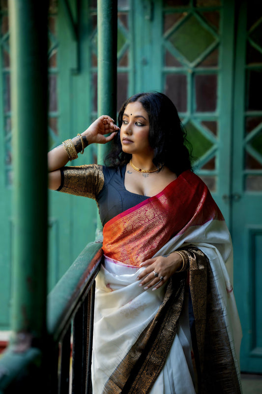 Off-White Handloom Kanjivaram Silk Readymade/Easy Saree