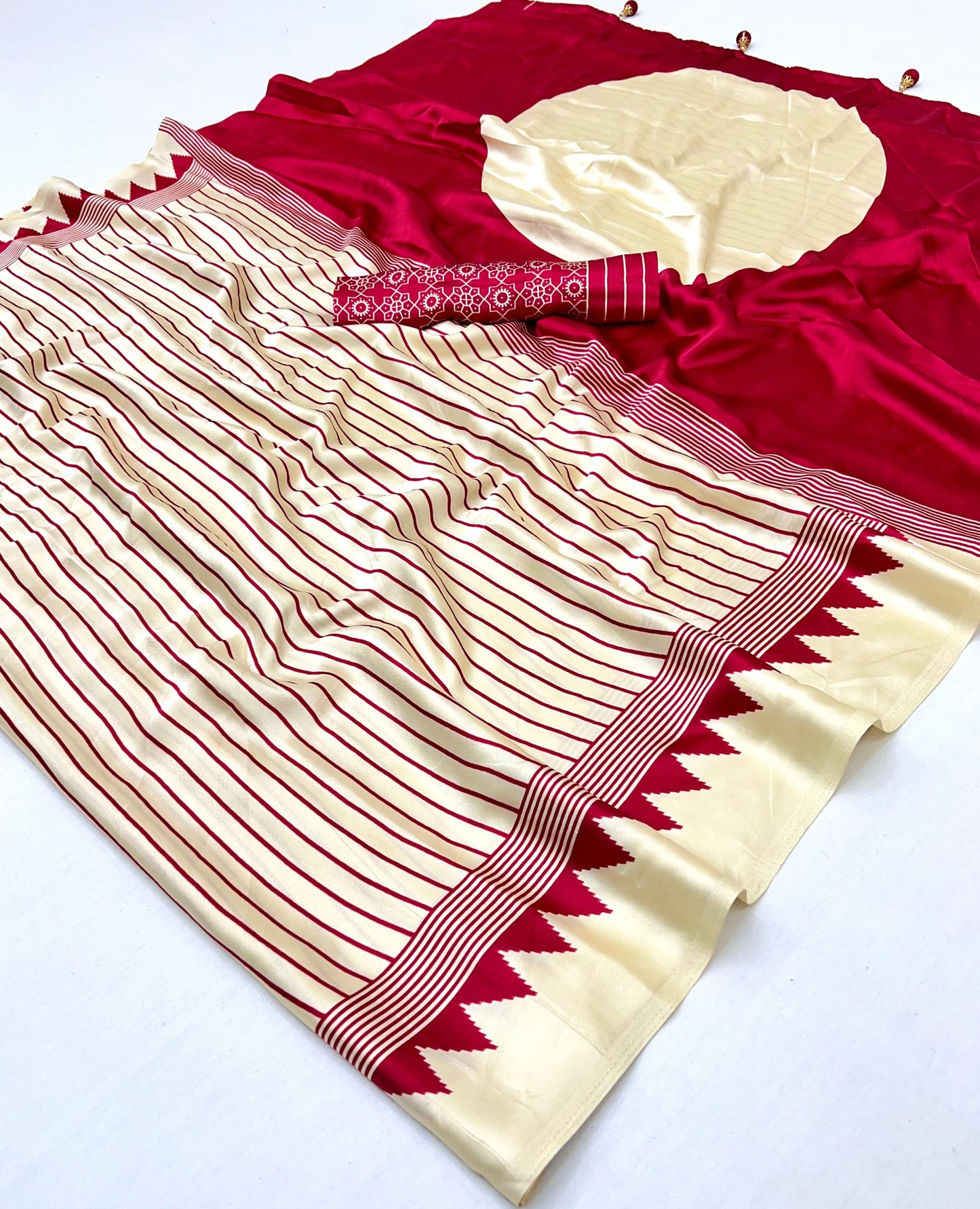 Off-White & Red Crepe Silk Readymade Saree