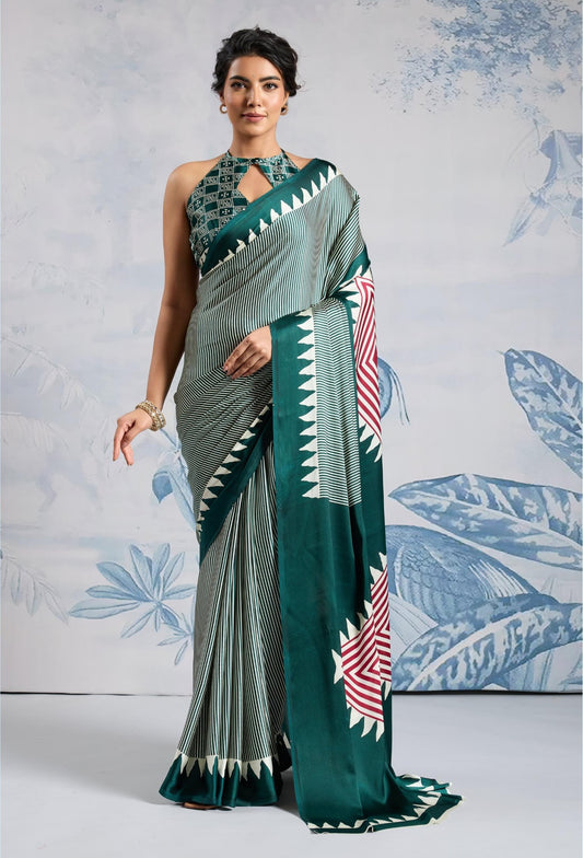 Dark Green Crepe Silk Readymade/Easy Saree