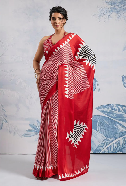 Red Crepe Silk Readymade/Easy Saree