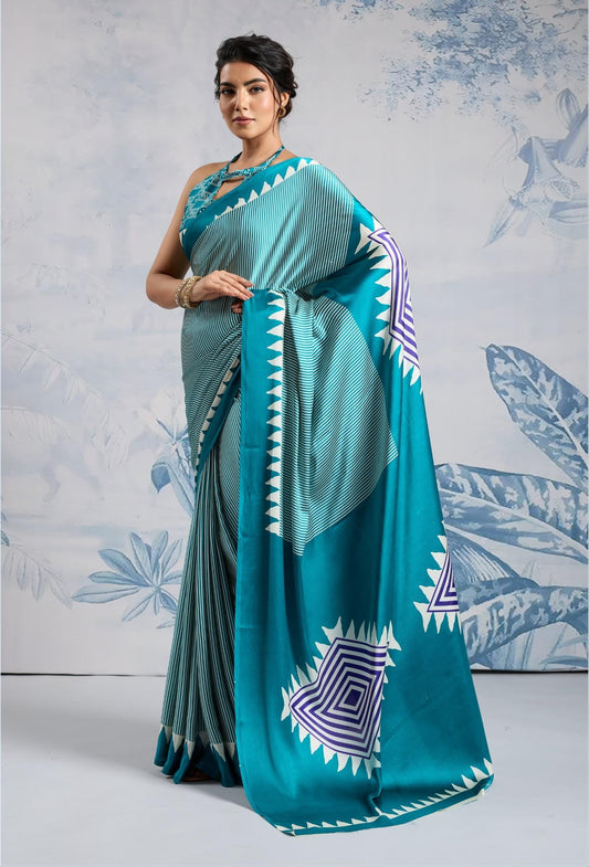 Sea Blue Crepe Silk Readymade/Easy Saree