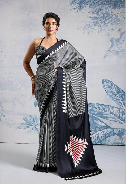 Black Crepe Silk Readymade/Easy Saree