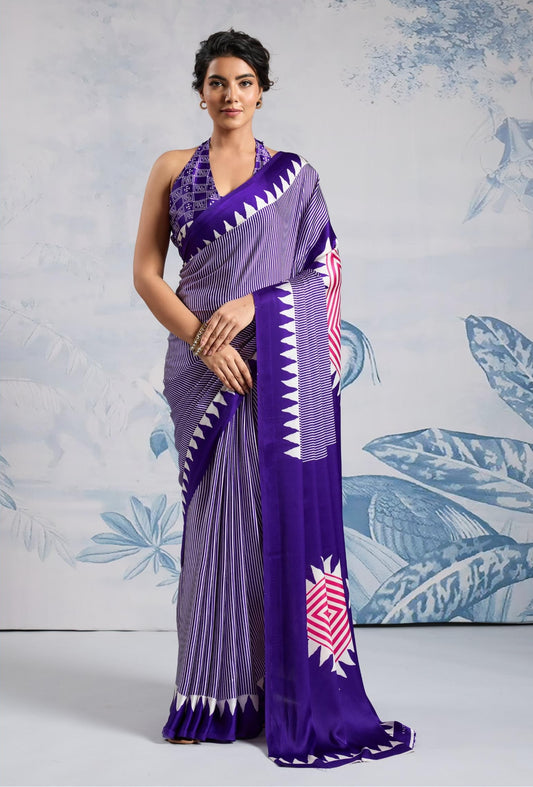 Royal Blue Crepe Silk Readymade/Easy Saree