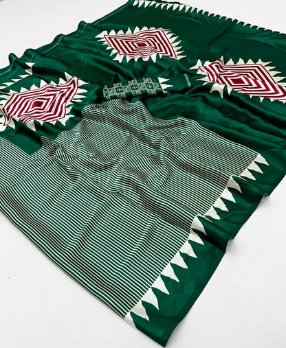 Dark Green Crepe Silk Readymade/Easy Saree