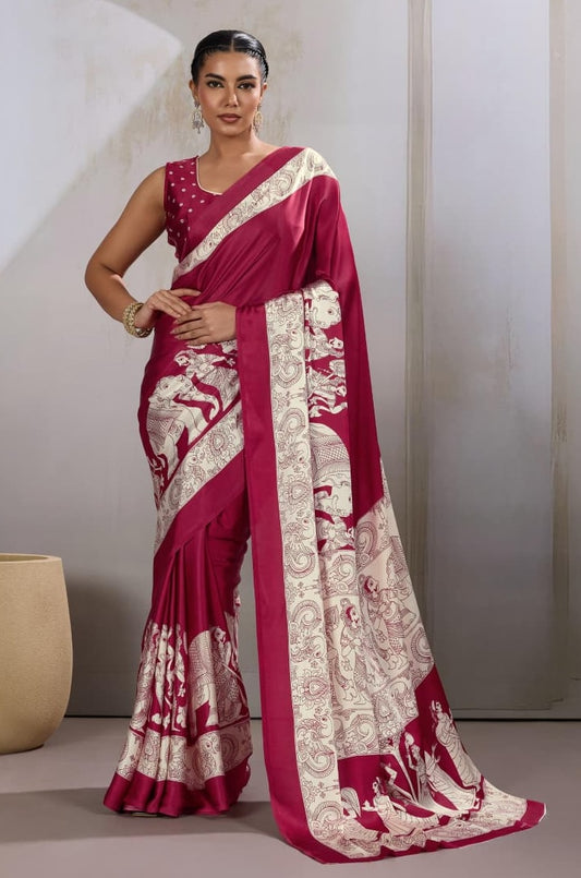 Red Crepe Silk Readymade/Easy Saree