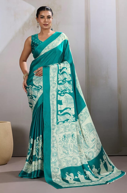Sea Green Crepe Silk Readymade/Easy Saree