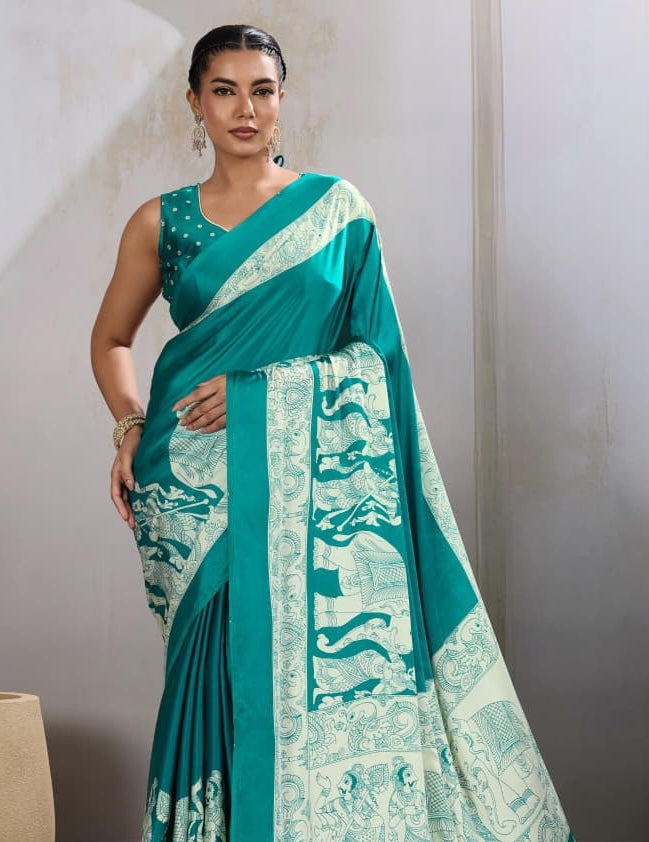Sea Green Crepe Silk Readymade/Easy Saree
