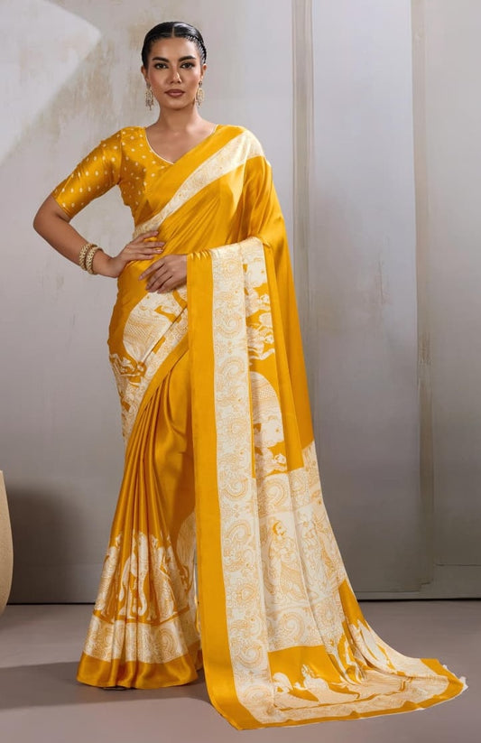 Yellow Crepe Silk Readymade/Easy Saree