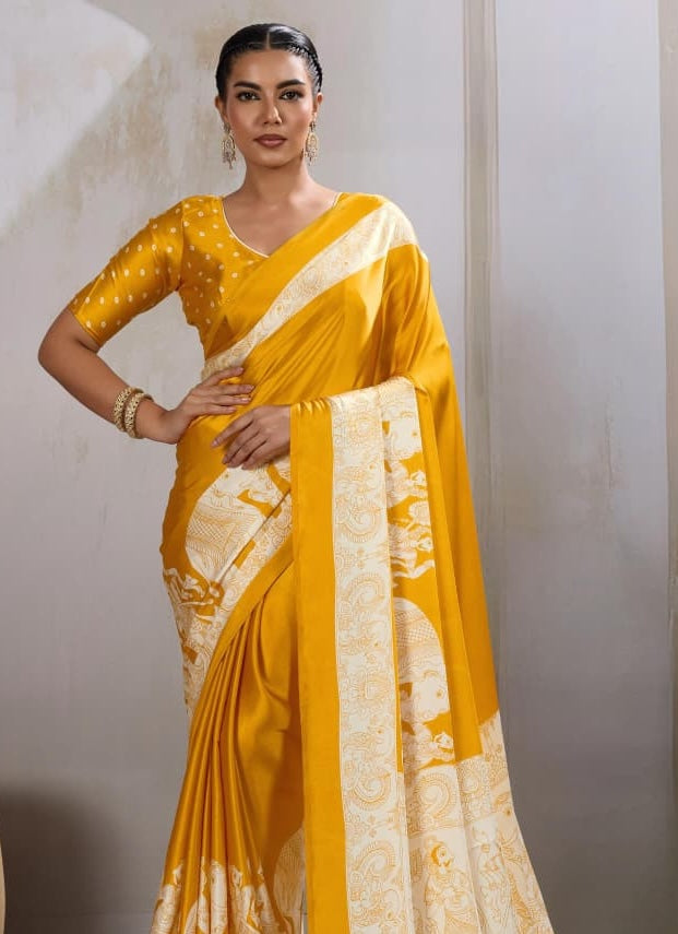 Yellow Crepe Silk Readymade/Easy Saree